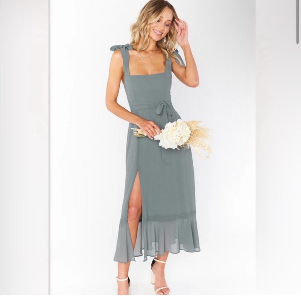 Elegant Green show me your MUMU Dress Claire Midi Silver Sage  crisp large - Picture 2 of 8